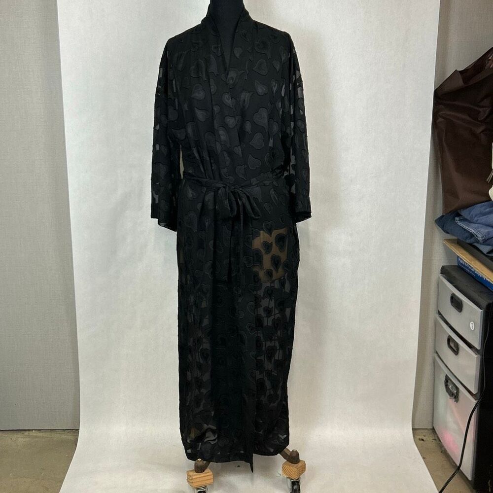 Victoria's Secret Sheer Black Heart Robe Sz Medium See-through Long Length